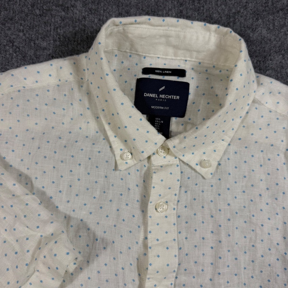 Daniel Hechter Button Down Modern Fit Mens L White 100% Linen Polka Dot EUC